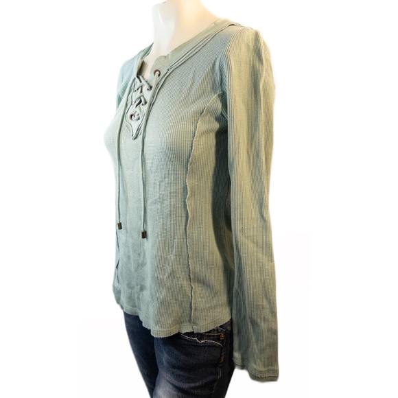 Sundance Small Top Sage Green Thermal Lace-Up Long Sleeve Raw Edge Like New - Picture 8 of 8